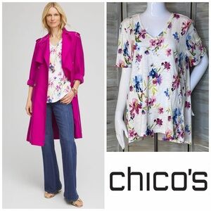 Chico’s Wildflower Slub VNeck Knit Tee Short Sleeve Hi Low Hem NWT Chicos 3 = XL